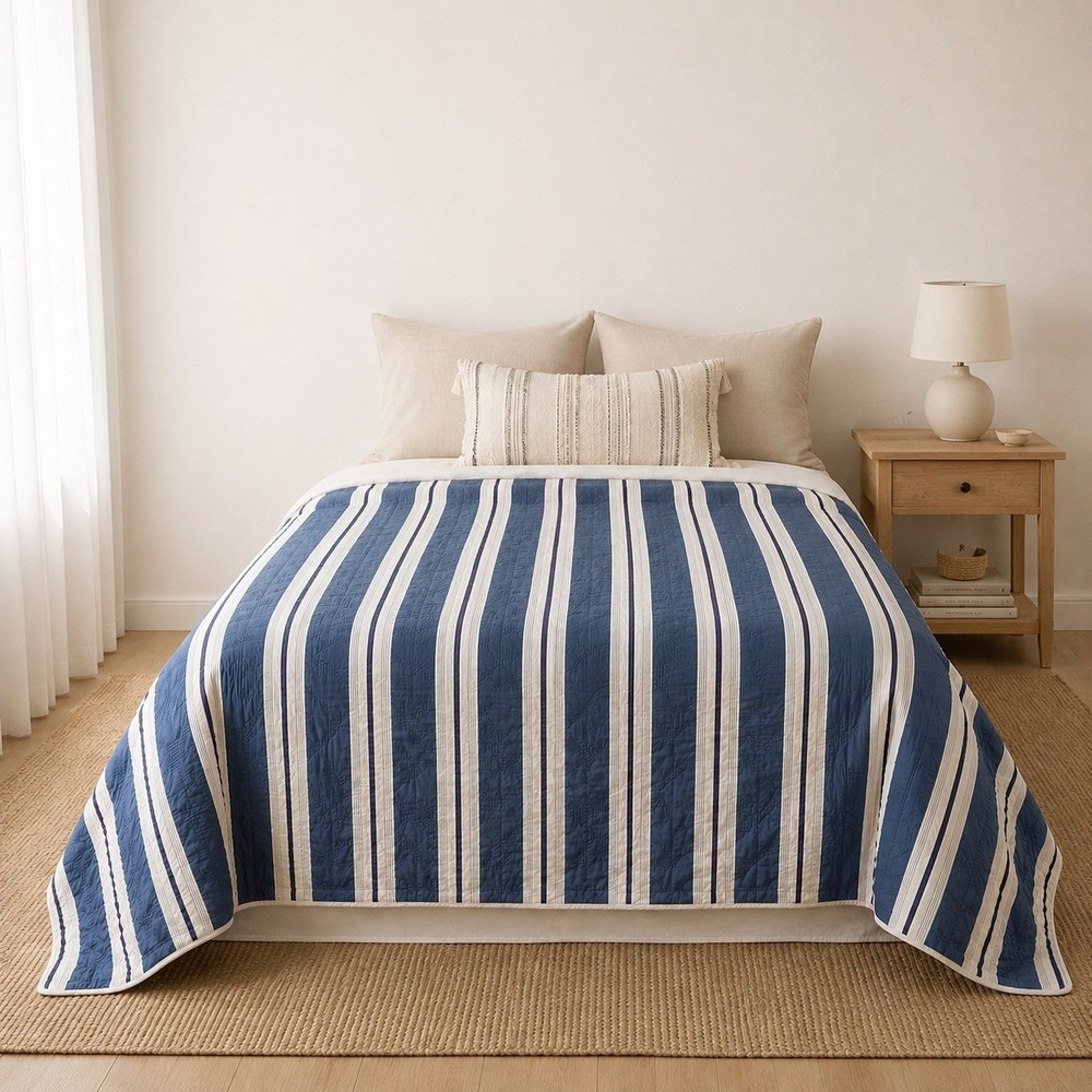 Restoration Hardware Striped Quilt King 100x95" Cotton Coastal Nautical Cottage